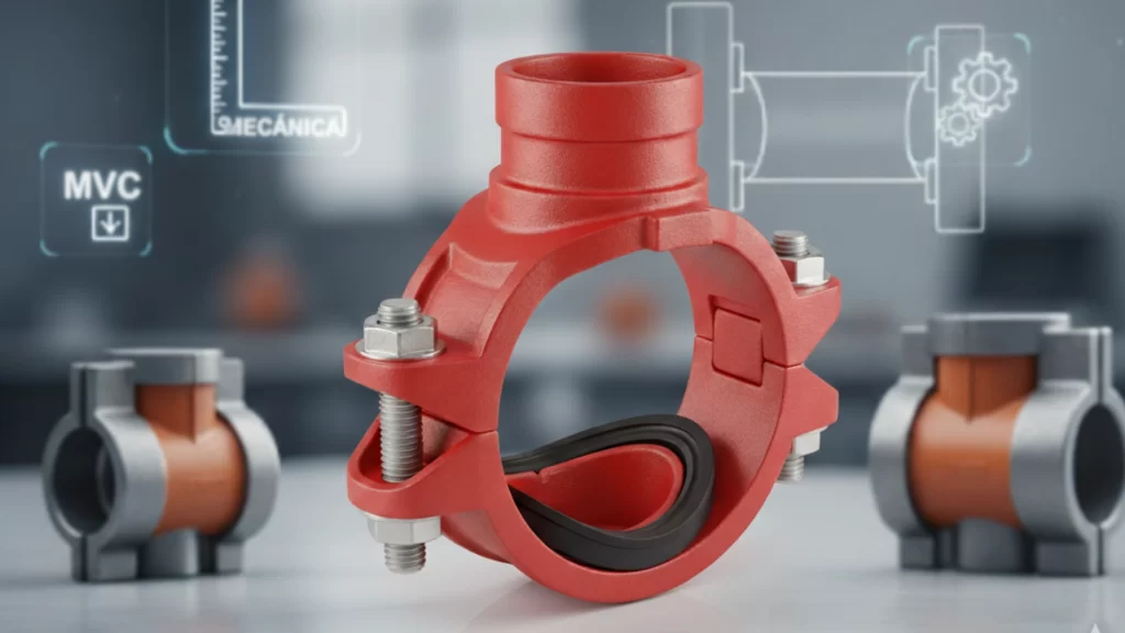 Tee mecánica instalada en sistema de tuberías industriales contra incendio.