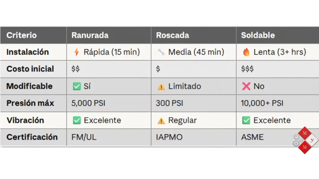 Tabla comparativa de tee mecánica (ranurada, roscada y soldable) según instalación, costo, presión, vibración y certificaciones para redes contra incendio.
