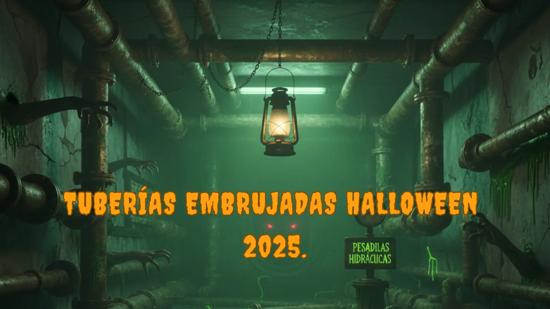 Tubería con filtración de agua en zona oscura simulando ambiente de Halloween con gotas misteriosas Descripción: Halloween 2025. Imagen conceptual mostrando una tubería con goteo en ambiente tenebroso